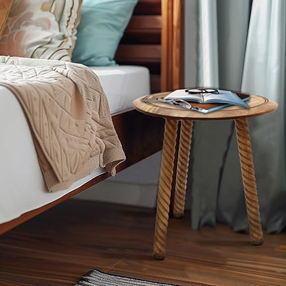 COTTON CRAFT Solid Wood End Table - 18 Inch Round Natural Hand Carved Table