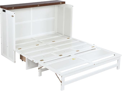 PVWIIK Full Size Murphy Bed with Storage Drawer and UPB,Solid Pine Cabinet Bedframe for Home Office, Guest Room,Multifunctional Bed,White&Walnut