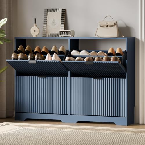 Shoe Storage Cabinet for Entryway with 4 Flip Drawers, Hidden Slim Wood Shoe Organizer with Modern Fluted Panel, Freestanding Narrow Shoe Rack for Front Door Entrance, Hallway, Foyer, Blue