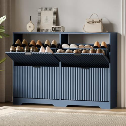 Shoe Storage Cabinet for Entryway with 4 Flip Drawers, Hidden Slim Wood Shoe Organizer with Modern Fluted Panel, Freestanding Narrow Shoe Rack for Front Door Entrance, Hallway, Foyer, Blue