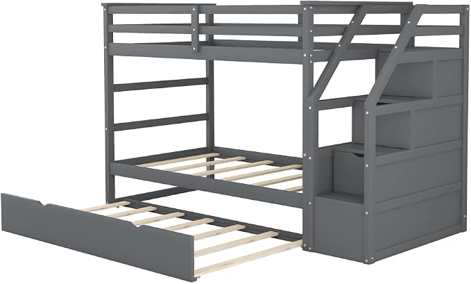 MERITLINE Twin Over Twin Bunk Beds with Trundle and Storage Box, Solid Wood Bunk Bed with Stairs and Storage Case for Teens Adults (Gray + Solid Wood)
