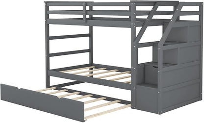 MERITLINE Twin Over Twin Bunk Beds with Trundle and Storage Box, Solid Wood Bunk Bed with Stairs and Storage Case for Teens Adults (Gray + Solid Wood)