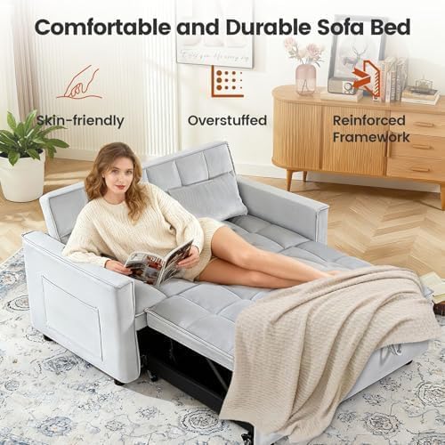 54'' Sleeper Sofa Bed, Convertible Pull Out Couch Futon with Side Pockets, Velvet Loveseat Sofa Bed with Adjustable Backrest, Armrest Pillows for Living Room Dorm Apartment, Light Gray