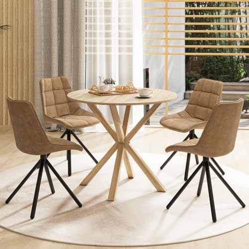 Tangkula 36" Round Dining Table, Mid-Century Modern Kitchen Table with Rubber Wood Legs, Vintage Table with Pedestal Base & Adjustable Foot Pads, Side Table for Home, Office, Bar (Oak)