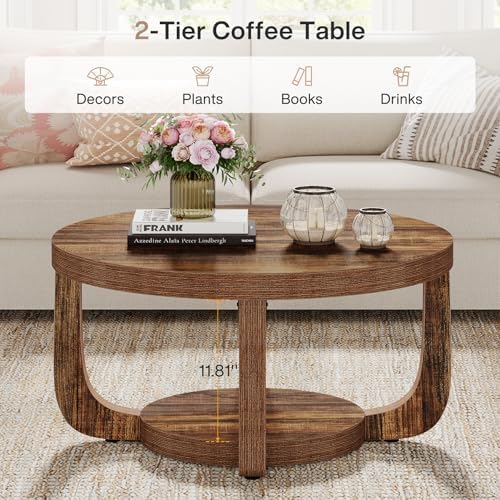 Tribesigns Round Coffee Table, 2-Tier Circle Coffee Table with Storage, Modern Wooden Accent Center Table for Living Room, Thick Tabletop & Base, Dark Brown