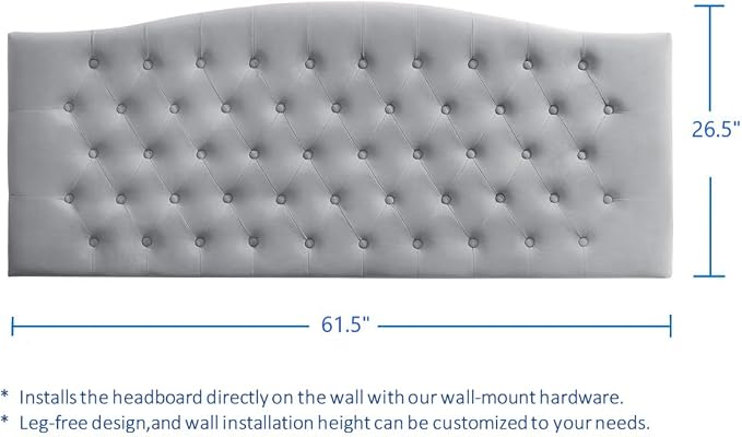 24KF Upholstered Tufted Button Wall Mounted Velvet Headboard,Comfortable Fashional Headboard Queen/Full Size,6058-Q-Gray