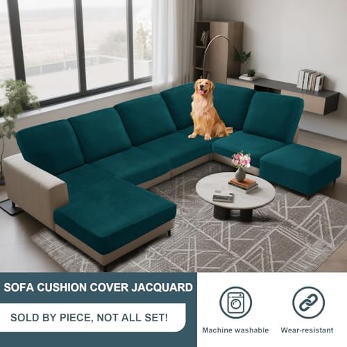 UNBBRRL Seat Cushion Cover and Back Covers for Corner Sofa Stretch Jacquard, Non Slip L Shaped Sofa Slipcover with Storage Ottoman, Sectional Couch Cover for Chaise Lounge (Teal,16 x 30 x 6”)