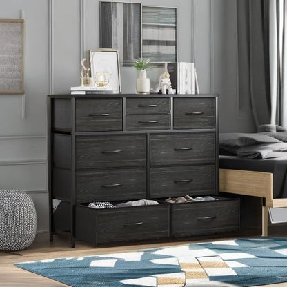 LUMTOK 10-Drawer Dresser, Fabric Storage Tower with Drawers for Bedroom, Dresser Drawer with Handle for Bedroom, Living Room, Hallway, Closets & Nurseryteel Frame, Wood Top (Black Wood Veins)