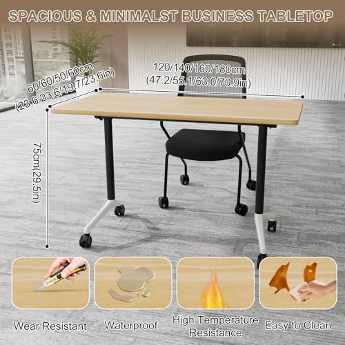 Folding Conference Table Modern Large Mobile Meeting Table Rolling Conference Room Tables with Wheels Seminar Tables for Office Training Classroom (10, Original Wood, 47.2" D X 23.6" W X 29.5" H)