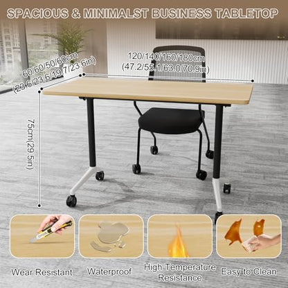 Folding Conference Table Modern Large Mobile Meeting Table Rolling Conference Room Tables with Wheels Seminar Tables for Office Training Classroom (10, Original Wood, 47.2" D X 23.6" W X 29.5" H)