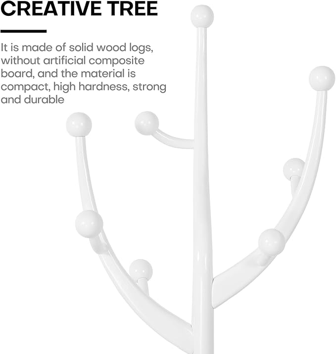 Bekrvio Freestanding Wood Coat Rack with Stable Sphere Base, White | 8 Hooks Tree Branch Design, Heavy Duty Standing Coat Hanger for Entryway, Hallway, Bedroom, Foyer; Hangs Coats, Hats, Bags
