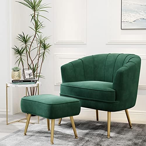 Andeworld Velvet Accent Chair with Ottoman, Barrel Armchair, Green