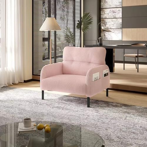 26" Corduroy Single Sofa Chair with Double Side Pockets & High Resilience Cushion, Modern Ergonomic Design Upholstery Oversized 1-Seater Accent Chair, Easy Assembly, for Living Room, Pink