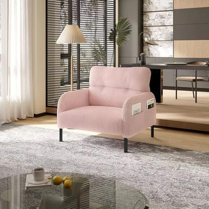26" Corduroy Single Sofa Chair with Double Side Pockets & High Resilience Cushion, Modern Ergonomic Design Upholstery Oversized 1-Seater Accent Chair, Easy Assembly, for Living Room, Pink