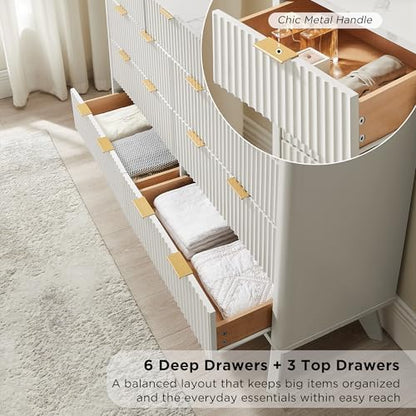 T4TREAM 54" Wide Fluted 9 Drawer Dresser for Bedroom, Solid White