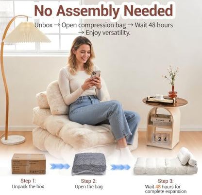 Folding Sofa Bed with Pillow & Pocket, Cream White