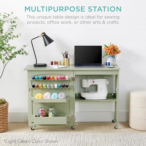 Best Choice Products Folding Sewing Table Multipurpose Craft Station & Side Desk with Compact Design, Wheels, Shelves, Storage Trays, Pegs, Magnetic Doors, Metal Doorknobs - Light Brown