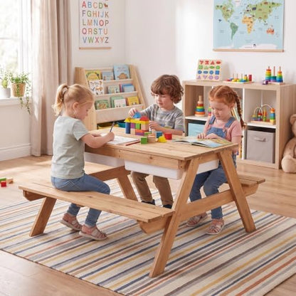 HONEY JOY Kids Picnic Table, 4 in 1 Cedar Wooden Sand & Water Table w/ 3 Removable Box & Umbrella, Kids Picnic Tables for Outdoors Backyard Garden, Toddler Patio Furniture Set for Boys Girls(Navy)
