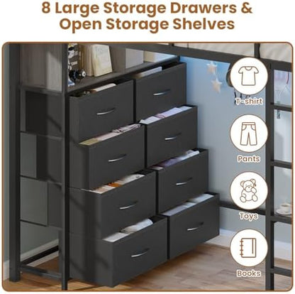 Twin Size Loft Bed with Desk and 8 Storage Drawers, LED Lights