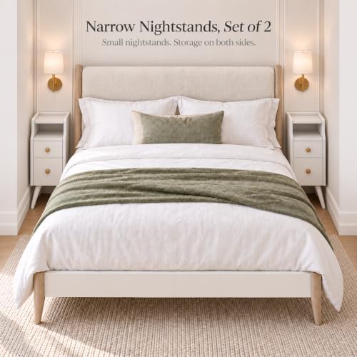 AQIMUELE Narrow Nightstand Set of 2, Small White Wood Bedside Table with Drawers, End Table for Small Spaces Bedroom