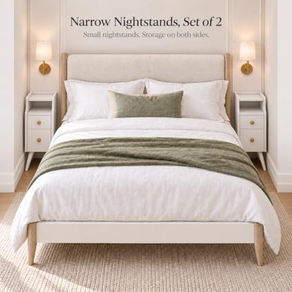 AQIMUELE Narrow Nightstand Set of 2, Small White Wood Bedside Table with Drawers, End Table for Small Spaces Bedroom