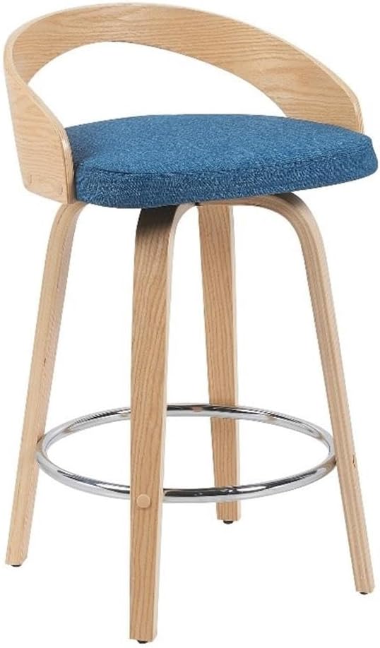 Armen Living Sonia Modern Swivel Counter Height Bar Stool with Blue Upholstered Seat and Patterned Oak Wood Finish