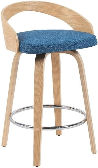 Armen Living Sonia Modern Swivel Counter Height Bar Stool with Blue Upholstered Seat and Patterned Oak Wood Finish