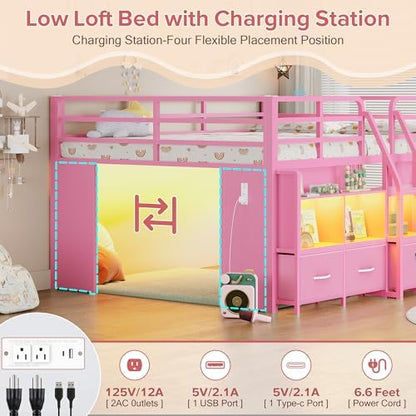 Full Low Loft Bed, 5 Drawers & 6 Bookcases, LED and Charging Station, Pink