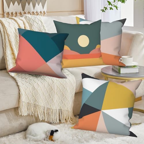 4 Pcs/Set Colorful Geometry Throw Pillow Covers Geometric Strip Moon Abstract Mid Century Minimalist Cushion Case for Outdoor Patio Furniture Couch Sofa Decor, 16"x16"
