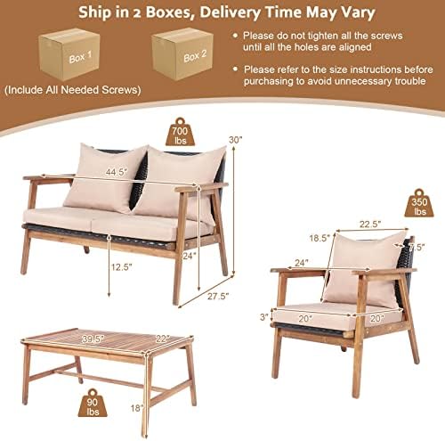 Tangkula 4-Piece Patio Furniture Set, Outdoor Acacia Wood Conversation Set with Cushions and Coffee Table, Outdoor PE Wicker Sectional Sofa Set for Garden, Poolside and Backyard (1, Beige)