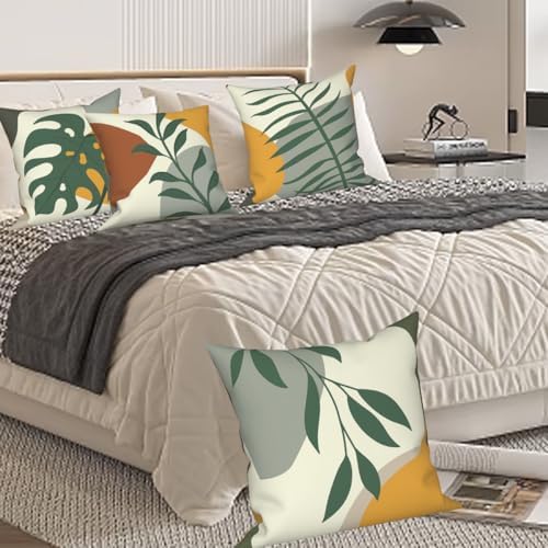 4 Pcs/Set Tropical Leaves Throw Pillow Covers Boho Summer Green Leaf Monstera Palm Leaf Abstract Botanical Farmhouse Linen Pillow Cases for Sofa Couch Home Outdoor Decor, 20"x20"