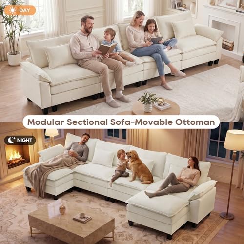 IPKIG 154" Modular Sectional Sofa, Chenille U-Shaped Sectional Couch Comfy Upholstered 4-Seat Sofa with 2 Ottoman, 4 Lumbar Pillow, Deep Seat Cloud Couch Sofa for Living Room, Beige White