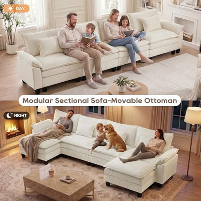 IPKIG 154" Modular Sectional Sofa, Chenille U-Shaped Sectional Couch Comfy Upholstered 4-Seat Sofa with 2 Ottoman, 4 Lumbar Pillow, Deep Seat Cloud Couch Sofa for Living Room, Beige White