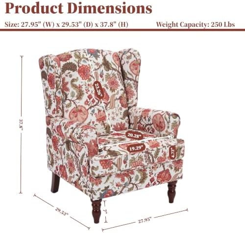 Mid Century Wingback Accent Chairs Set of 2 Floral Red