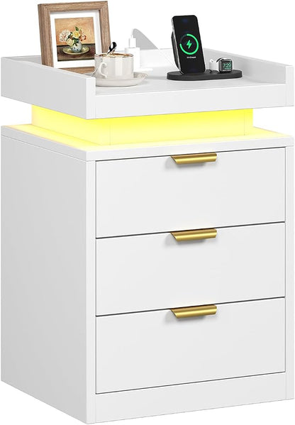 knoworld LED Nightstand with Charging Station & USB Ports, 3-Drawer Bedside Table with Adjustable RGB LED Lights, High-Gloss Modern Nightstands for Bedroom, White