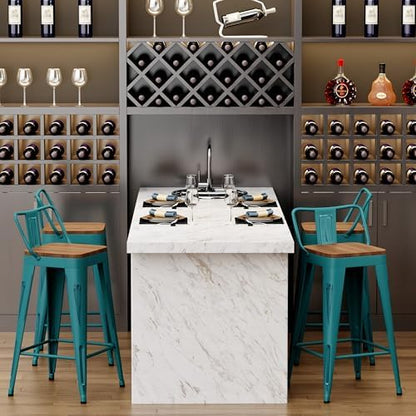24" Barstools Set of 4 Counter Height Bar Stools Side Chair-Distressed Teal