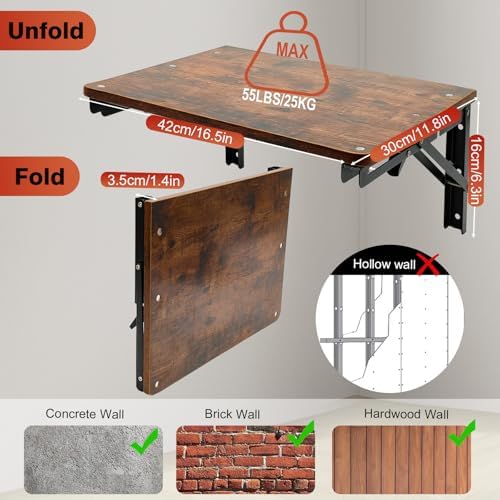 Folding Shelf Wall Mounted, 16.5inches Floating Desk for Small Space