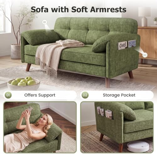 65" Loveseat Sofa, Chenille Loveseat Couch for Living Room with Storage Pockets, 25" Deep Seat Love Seat with Padded Arms, Small Couches for Bedroom, Small Spaces, Home Office, Apartments, Green