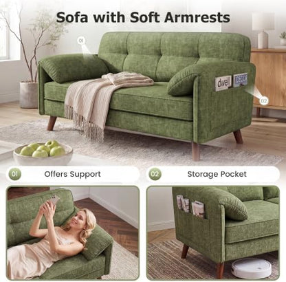 65" Loveseat Sofa, Chenille Loveseat Couch for Living Room with Storage Pockets, 25" Deep Seat Love Seat with Padded Arms, Small Couches for Bedroom, Small Spaces, Home Office, Apartments, Green