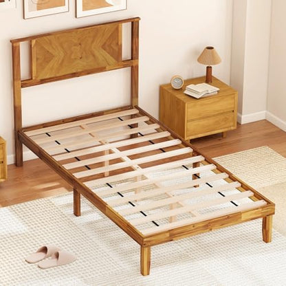 KOMFOTT Twin Size Wood Bed Frame with Headboard, Solid Acacia Wood Platform Bed Frame, Wooden Slats Supported Bed Base with Under-Bed Storage Space, No Box Spring Needed Mattress Foundation