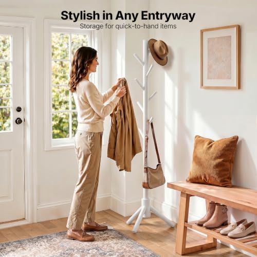 AMADA Solid Wooden Coat Rack Freestanding with 8 Hooks, White