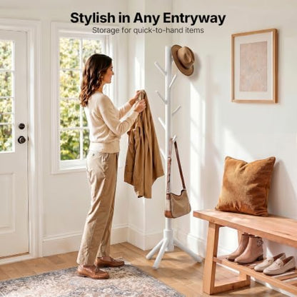 AMADA Solid Wooden Coat Rack Freestanding with 8 Hooks, White