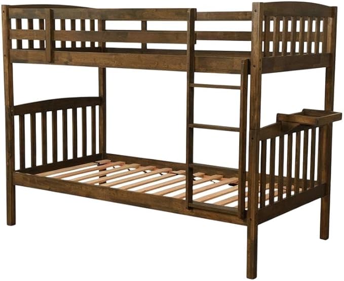Kodiak Furniture Claire Wood Twin Over Twin Bunk Bed with Tray in Rustic Walnut Brown Finish - Mattresses Not Included