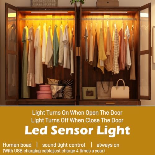 Armoire Wardrobe Closet with Sensor LED Light and Mirror（3 Doors Walnut）
