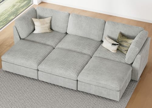 Belffin Modular Sectional Sofa with Sleeper Sofa, Oversized Cloud Couch with Extra Deep Seat, Upholstered 6 Seat Sectional Couches for Living Room, Plush Corduroy Light Grey