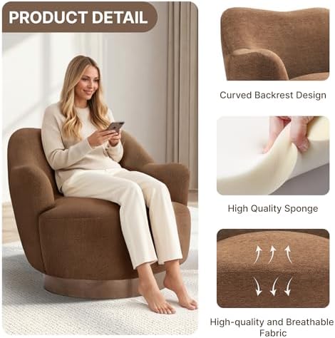 Swivel Accent Chair with Curved Arms, Wooden Base, Terracotta, Set of 2