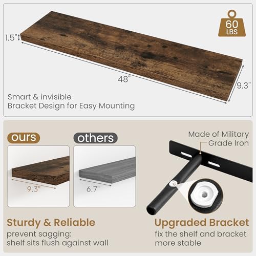 48 Inch Floating Shelves, 9.3 Inch Deep Wall Shelves for Bathroom, Living Room, Bedroom, Kitchen, Deep Long Shelf Wall Mounted 1 Pack Shelf for Books, Decor, Rustic Brown