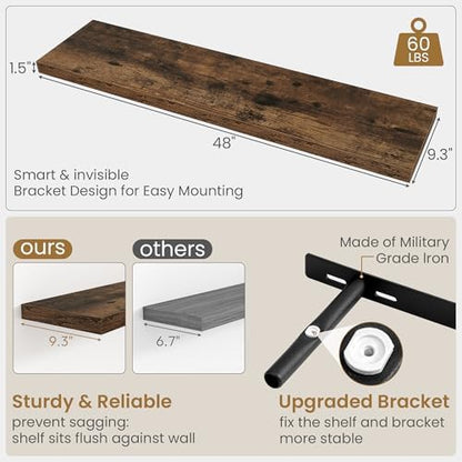 48 Inch Floating Shelves, 9.3 Inch Deep Wall Shelves for Bathroom, Living Room, Bedroom, Kitchen, Deep Long Shelf Wall Mounted 1 Pack Shelf for Books, Decor, Rustic Brown