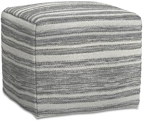 SIMPLIHOME Carina Contemporary Square Woven Pouf in Black Melange/White Wool for the Living Room, Bedroom and Kids Room