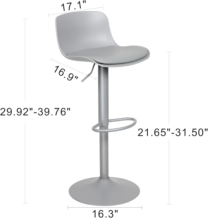 Kidol & Shellder Bar Stools Set of 4 Adjustable Counter Height Barstools Modern PU Leather Swivel Tall Bar Chairs Upholstered Bar Stool with Back for Kitchen Island（Gray）